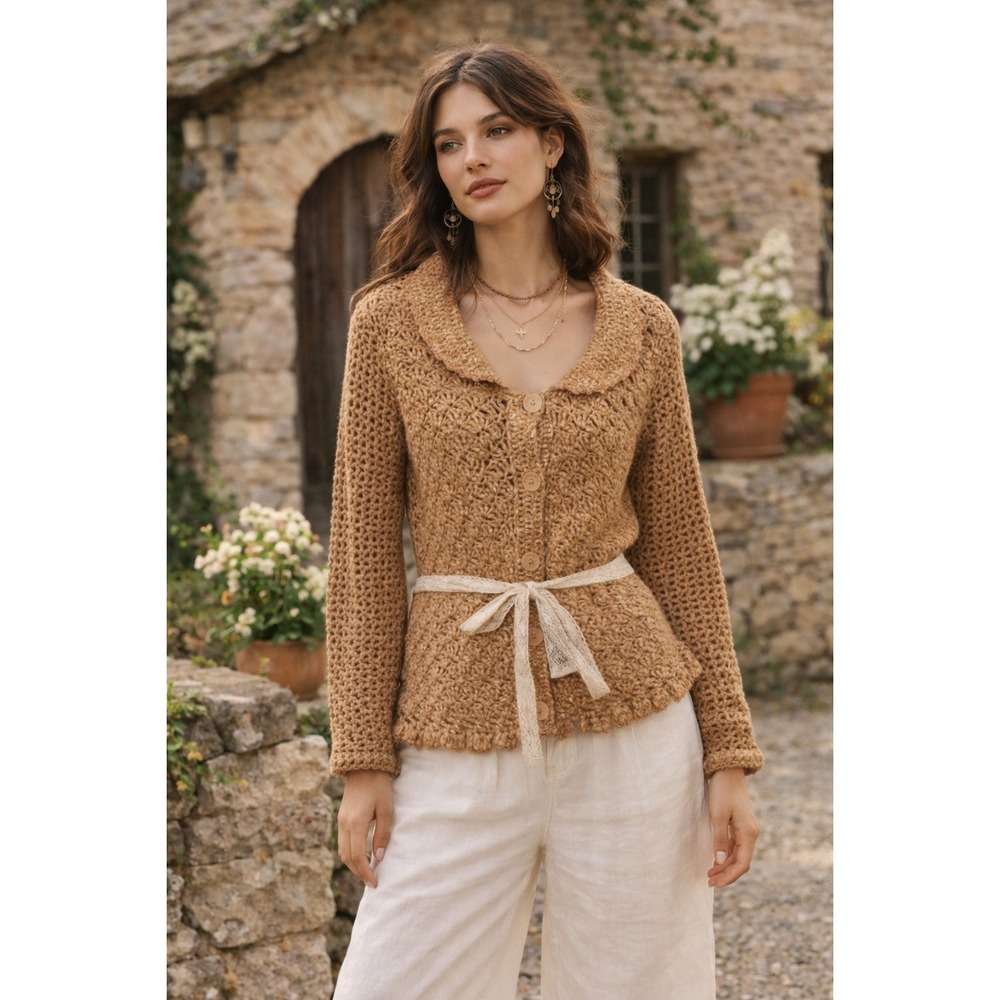 Anthropologie Moth Open Crochet Cardigan Sweater Size S Tan Belted Boho - Picture 9 of 9